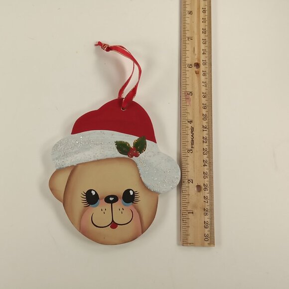Teddy Bear Head Christmas Hat Country Rustic Holiday Ornament w/ Ribbon Hanger - Picture 3 of 3